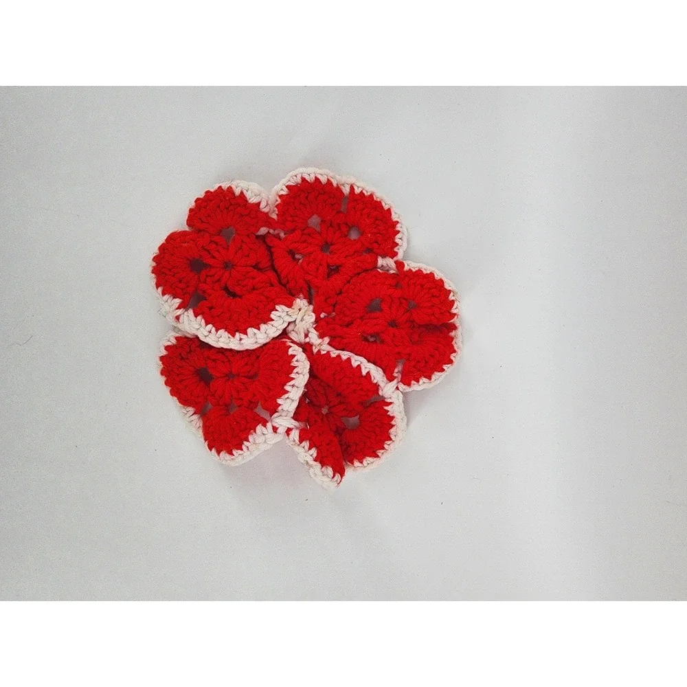 Handmade Crochet Red and White Floral Granny Square Heart Petal‎ Trivet Coaster